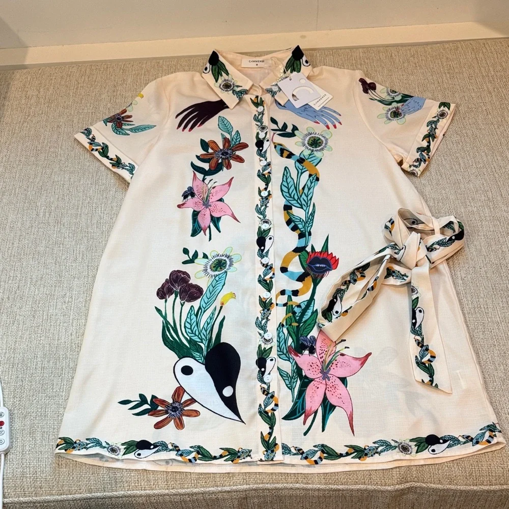 Commense Print Collared Belted Short Shirt Dress, Multicolored, NWT, Size M (6) - Picture 11 of 14